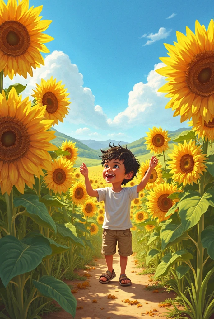 A child walking through a field of sunflowers.
