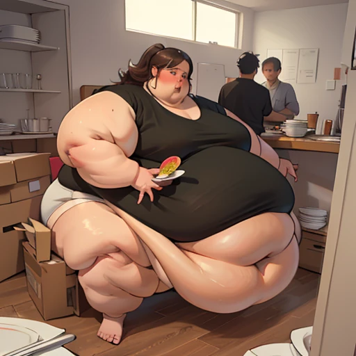 (Masterpiece, detailed, realistic:1.2), young black woman, (morbidly obese, fatblob, immobile:1.4), (detailed, beautiful face), fast food worker, pleased, satisfied