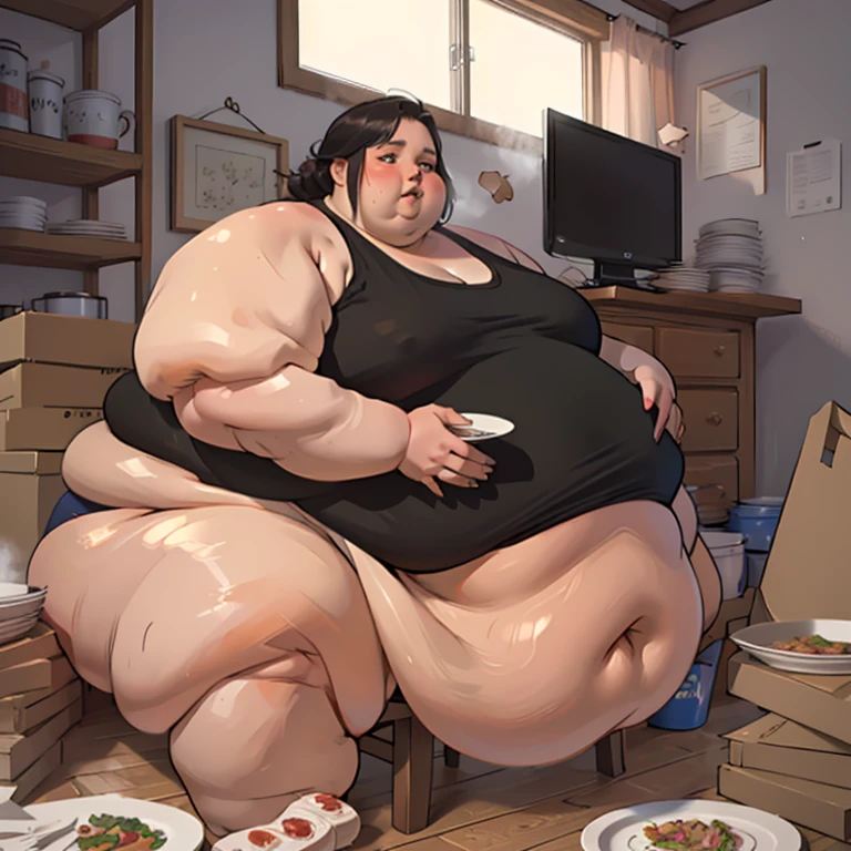 (masterpiece, detailed, realistic:1.3), young black woman, USSBBW, (morbidly obese, fatblob:1.5), (detailed face, beautiful face), (guilty expression:1.3), high aesthetic, student, tight skimpy undersized clothes, home environment, surrounded by junk food