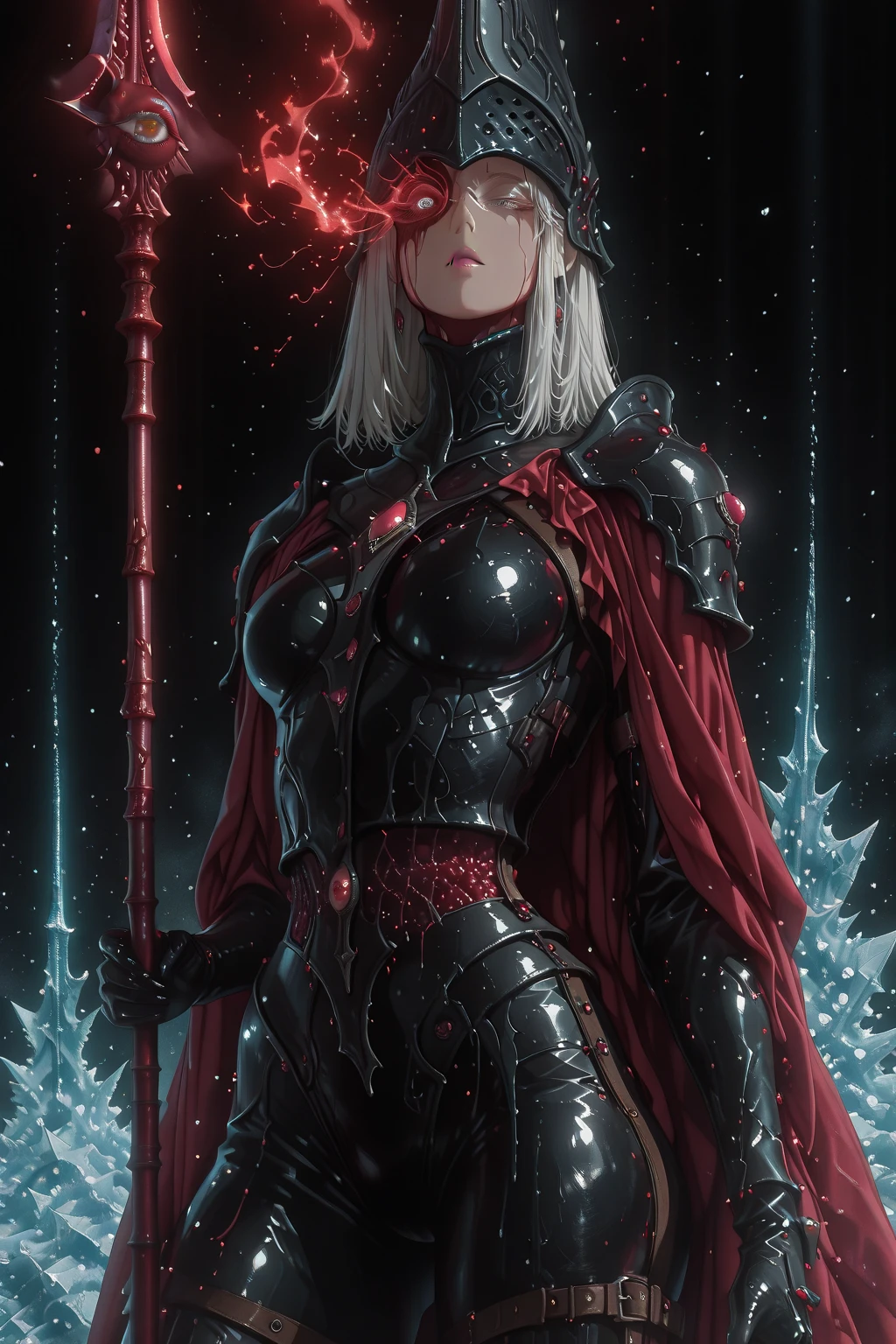 (masterpieces, top quality, exquisite detail ,  A female magician who defeats an enemy with a magic spear appearing in her eyeball ,The sword has a frozen magic barrier ,and the concept of a magician wearing leather armor.