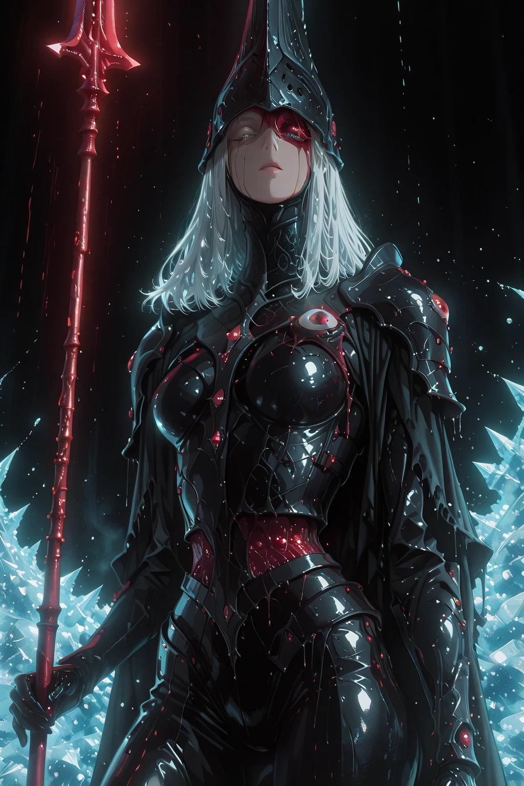 (masterpieces, top quality, exquisite detail ,  A female magician who defeats an enemy with a magic spear appearing in her eyeball ,The sword has a frozen magic barrier ,and the concept of a magician wearing leather armor.