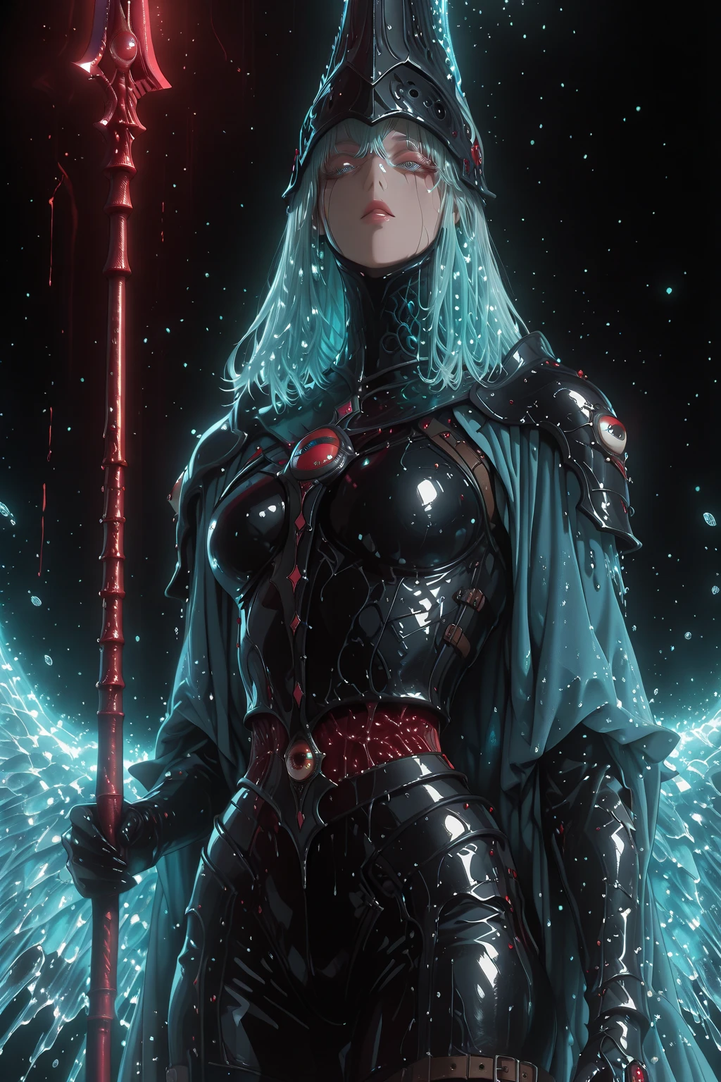 (masterpieces, top quality, exquisite detail ,  A female magician who defeats an enemy with a magic spear appearing in her eyeball ,The sword has a frozen magic barrier ,and the concept of a magician wearing leather armor.