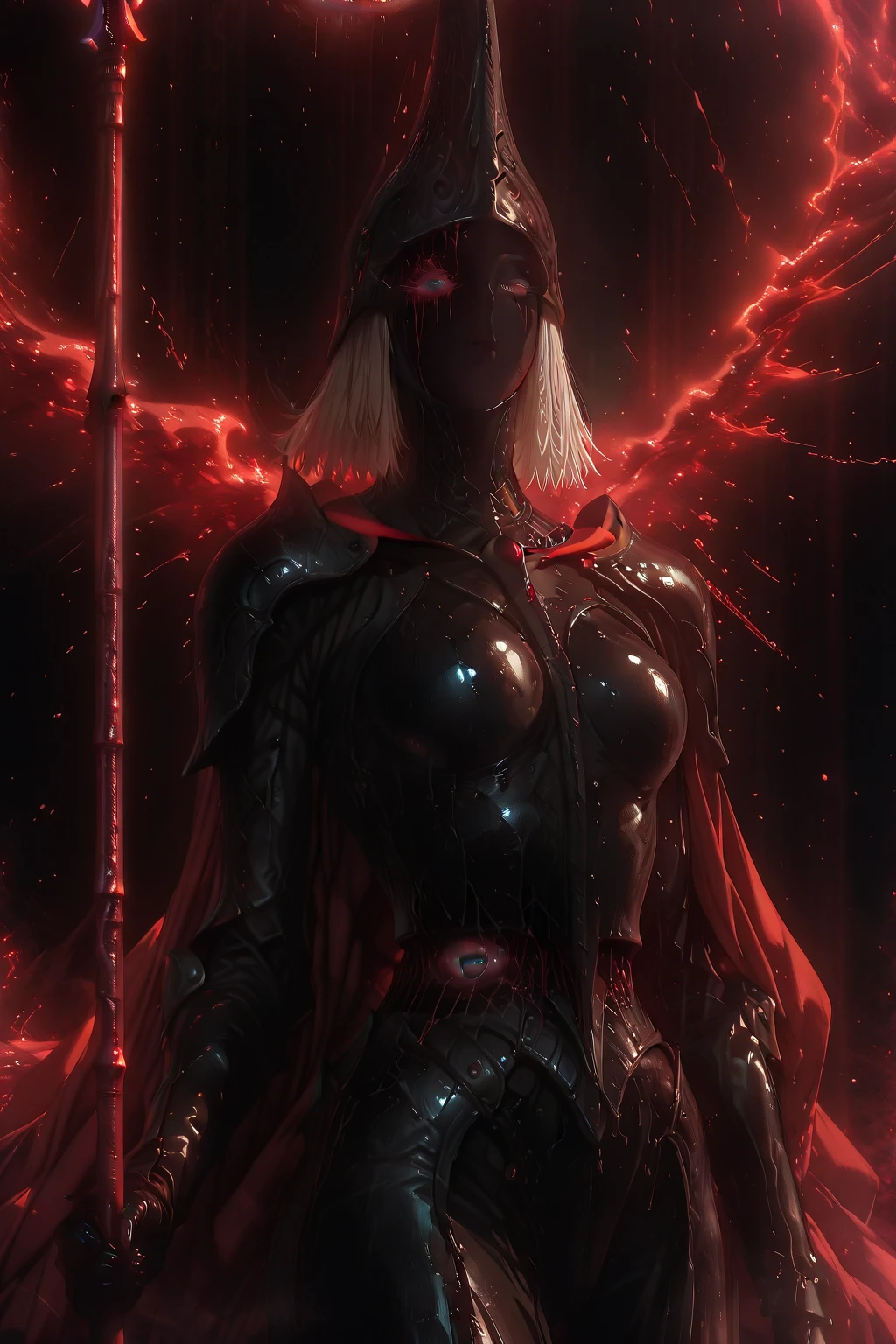 (masterpieces, top quality, exquisite detail ,  A female magician who defeats an enemy with a magic spear appearing in her eyeball ,The sword has a frozen magic barrier ,and the concept of a magician wearing leather armor.