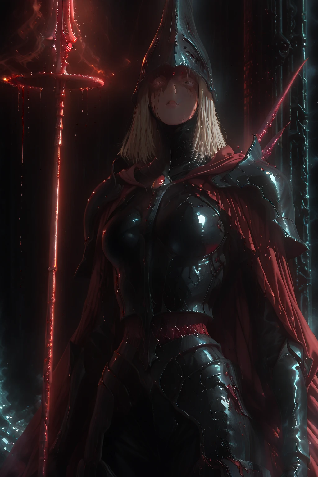 (masterpieces, top quality, exquisite detail ,  A female magician who defeats an enemy with a magic spear appearing in her eyeball ,The sword has a frozen magic barrier ,and the concept of a magician wearing leather armor.