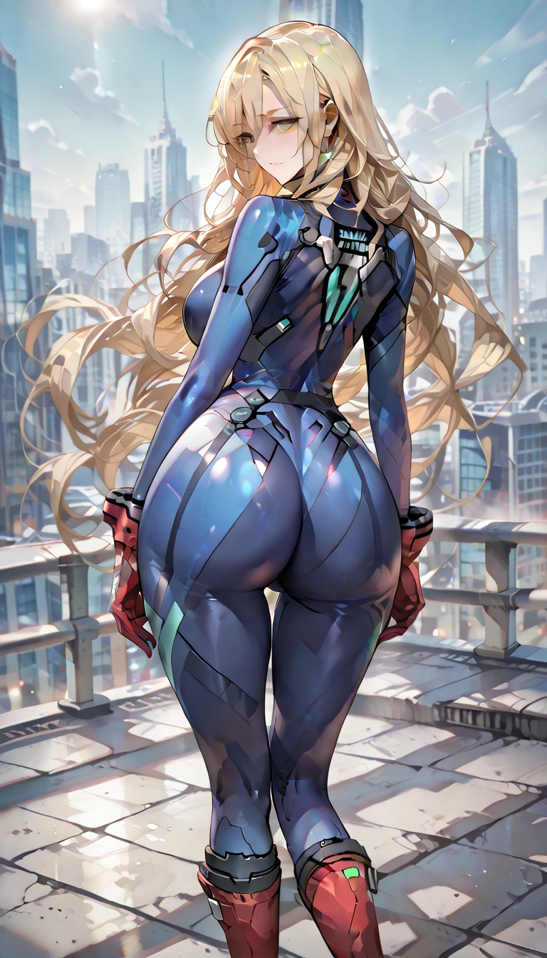 starcraft_nova, ((long blonde hair, bangs, glowing blue eyes, makeup, narrow waist, skinny, medium breasts, blue neon armor)), pelvic curtain, ((grey bikini)), full body, perfect body, (insanely detailed, beautiful detailed face, masterpiece, best quality) , (((solo))), (((1girl))), (((mature))), (extremely detailed 8k paper CG wall unit: 1.1), (rooftop, cyberpunk, Electronics, night), (smile face for the viewer), ass, lying, on stomach,back, from behind, foreshortening , facing away