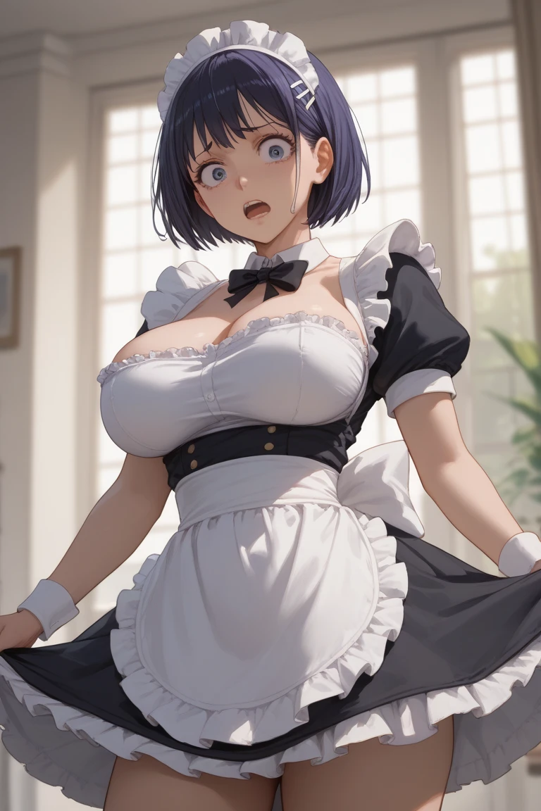 (masterpiece, best quality, ultra-detailed, high resolution, detailed eyes), takeda hiromitsu style, 1woman(40 years old), solo, chubby body, (maid costume), black hair, huge breasts, looking at viewer, cowboy shot, embarrassed, skirt lift, side tie black panties, showing panty