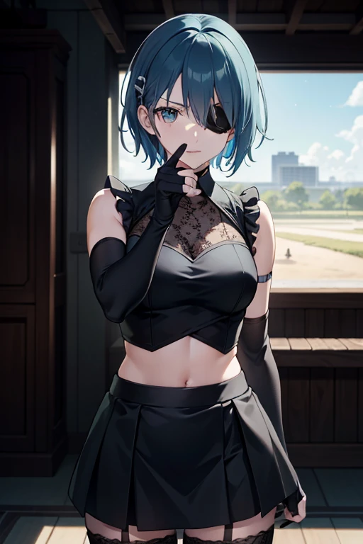 ((Marl、Horse ear headband、fake horse ears)）、（lightly dressed、Valley、full body Esbian、Beautiful legs)、（Tokyo Ghoul、Kirishima Tosho、short-cut、Blue hair color、cyber cityscape）、1girl in、​master piece、japanaese girl、absurderes、hight resolution、ultra-detailliert、depth of fields、​masterpiece、extremely details CG、3D Photography、3D background、Unity、8K、Hi-Res、top-quality、shadowy、foco nítido、pale-skinned、A detailed eye、blurry backround、dynamic ungle、Exaggeration of gloss、best super feat、a closed mouth、Look at viewers、cute smile face、Red cheeks、Portraits of beautiful women drawn by Sui Ishida'painting of a、superclear