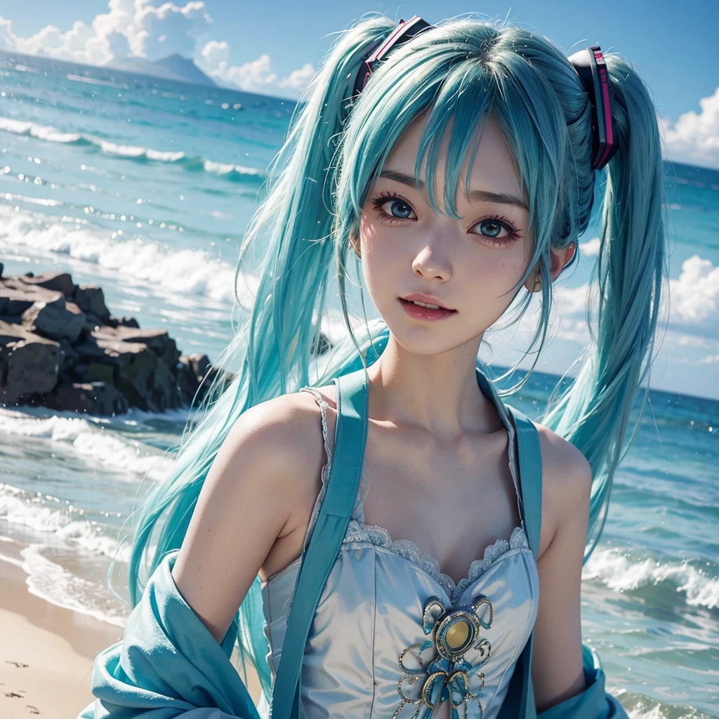highest quality, 8K, Super detailed, photorealistic, masterpiece, highest quality, 8k, ultra high resolution, highest quality, anime style, best writing, beautiful face, anime style, best lighting, beautiful face, (1 girl), Ai Hoshino, Six-pointed star in the eye, (Colorful atmosphere), blush, cute style, saturated colors, Ai Hoshino, Big eyes, Eyes of Fantasy, purple hair, best smile, blush, hair accessory, (red bikini:1.3), (floral bikini:1.3), (ponytail:1.3), close up, beach, sit on the sand
