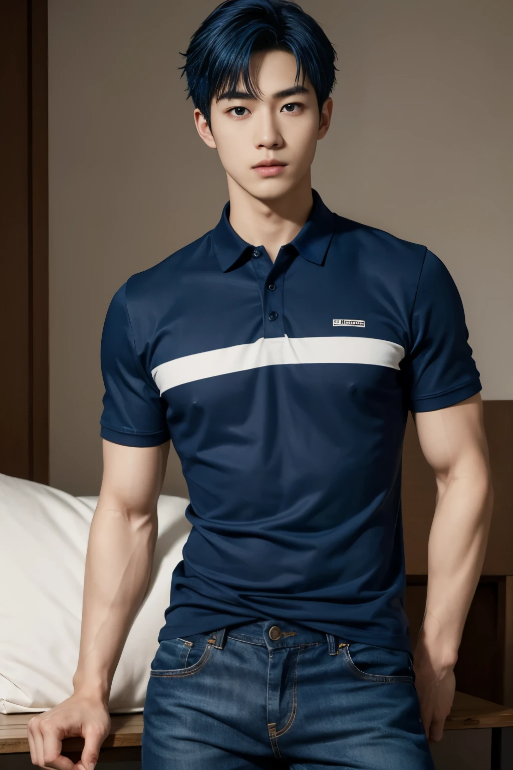 ((realistic daylight)) , Young Korean man in a black polo shirt and jeans, A handsome, muscular young Asian man looks at the camera. In a simple t-shirt blue and red , roadside traffic ,((look sideways))