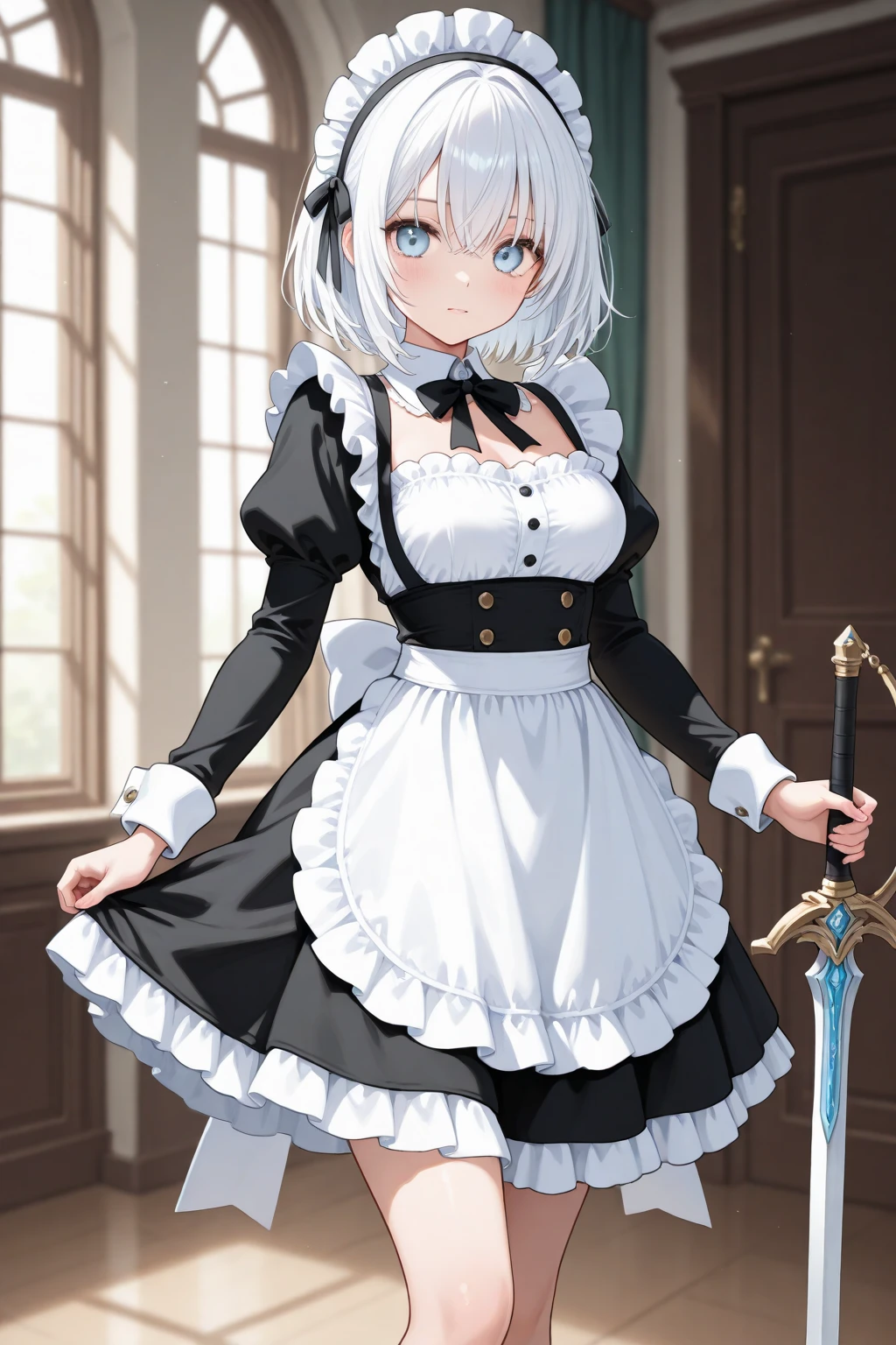 1girl, cowboy shot, lifted by self, maid headdress, maid, grey hair, blue eyes, white gloves, white panties <lora:style_AGM:1>