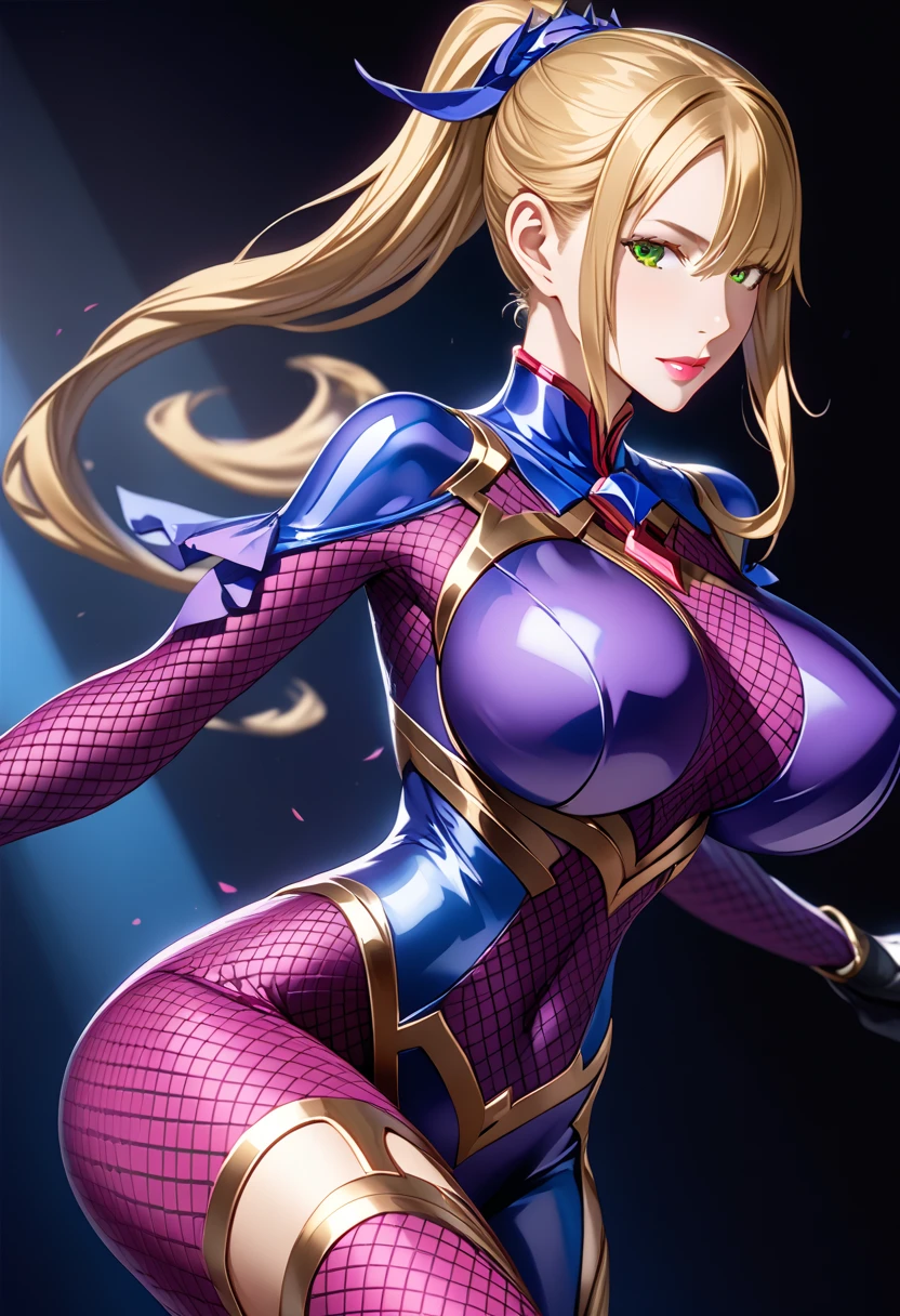 schwizerland woman, blonde curly hair, pink latex outfit,pink latex blazer  bodysuit,pink thicc shoulder pads, pink boots, whitte gloves, blue eyes, big breast,walking in a bar