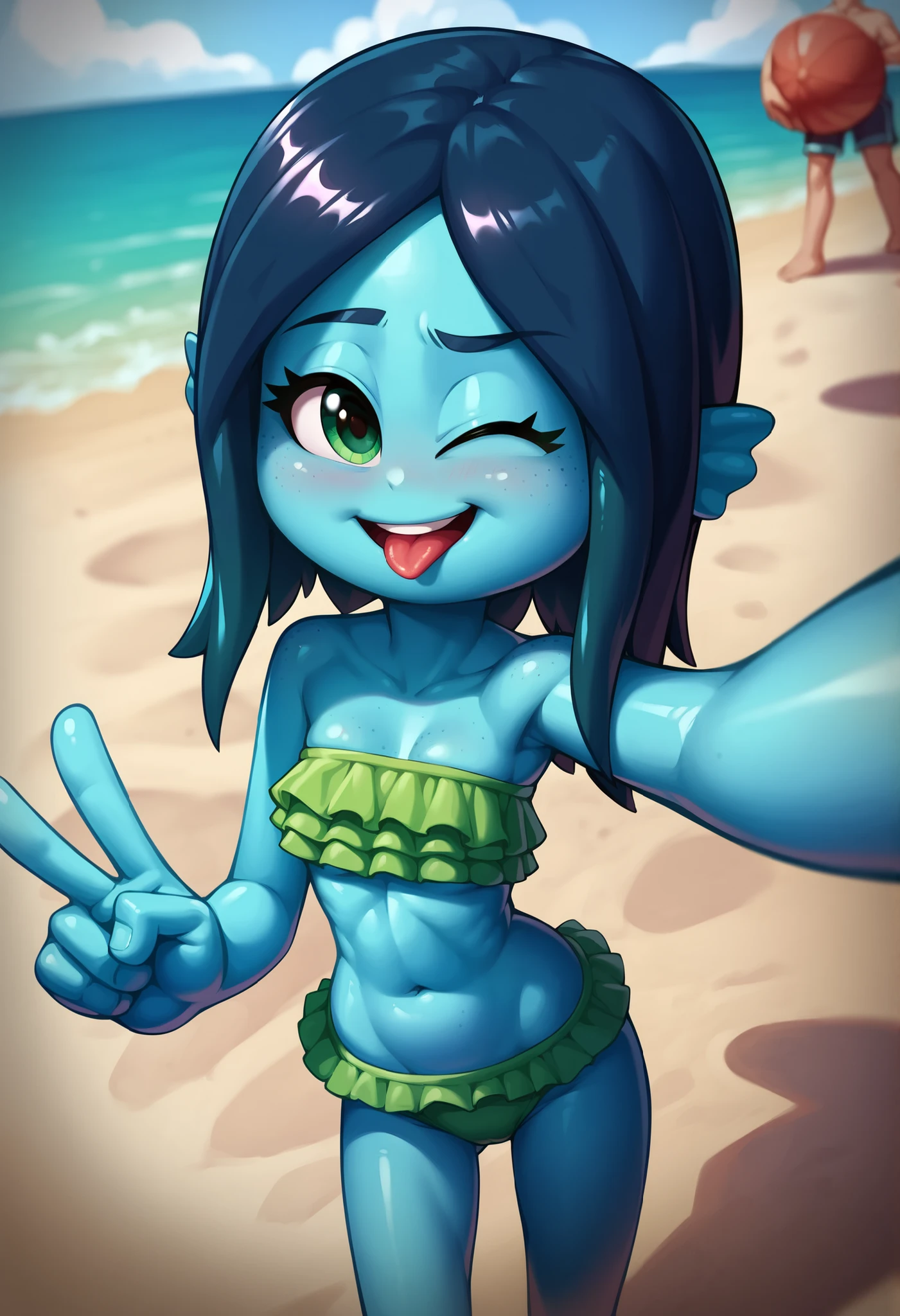 score_9, score_8_up, score_7_up, 1girl, solo, Ruby Gillman, monster girl, deep blue hair, green eyes, half close eyes, blue skin, four fingers, ((green bundeau strapless frilly bikini)), naughty expression, shiny skin, outdoors, uperbody, cute, oily skin, smile, shy, beach on background, cute and sexy pose, sexy, anime style, 2D, thick outline, countershading, slender body, short body, standing, presenting front, confident, raised eyebrow, wink, one eye closed, tongue out, open mouth, selfie POV,