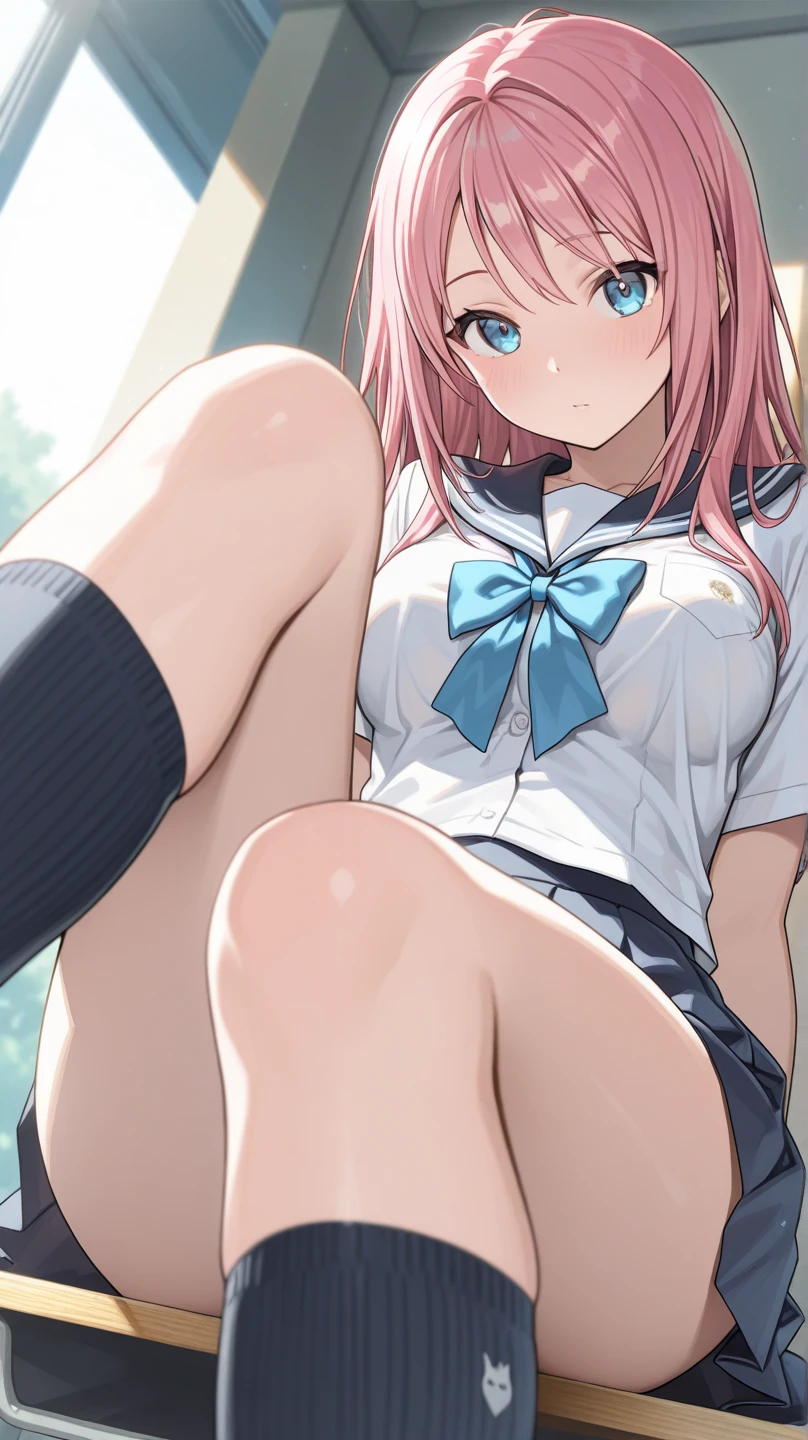 honamiichinose, Honami Ichinose, Long Hair, blonde, (Tea 8k wallpaper, (shape:0.8), (Beautiful details:1.6), Highly detailed face, Perfect lighting, Extremely detailed CG, (Perfect hands, Perfect Anatomy), Upper body nakedの脚, sneakers, socks, Pink Panties, Breathtakingly beautiful,Embarrassing,Skirt flip,Spread your legs,frontage,Upper body naked,Monitoring