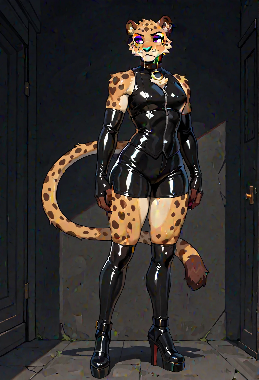 ((Masterpiece, plain background:1,2, masterpiece)) full body standing yellow tiger bikini, barefoot, barehand together holding her knockers, cleavage, leather corset, short white messy hair, (((in the motel room))), (muscular ass), (thin waist), (very horny), full body photo (grey eyes:1.5)