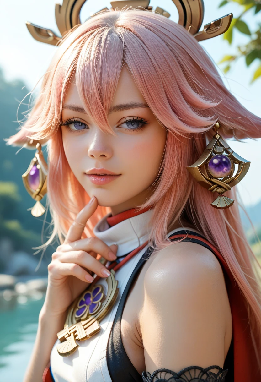 yae_miko, 1girl, pink hair, purple eyes, long hair, fox ears, earrings, (large breasts:1.5),(gigantic breasts:1.5), hair ornament, jewelry on the chest, yae miko's clothes, bare shoulders, detached sleeves, standing, upper body, outdoors, park, flowers, lawn, trees, sunshine, from side,