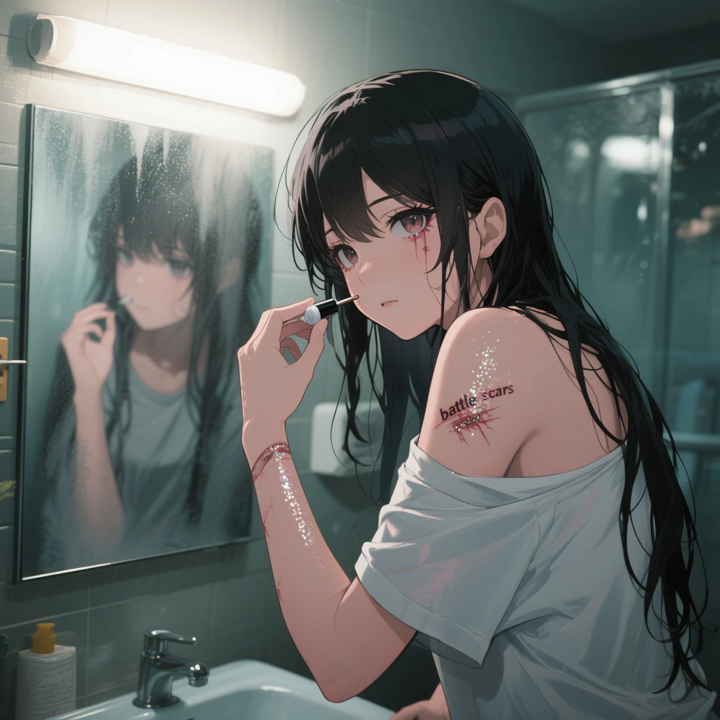 cute girl with short pink hair with bangs, wearing white shirt and pink shorts, brushing teeth in a white bathroom, 8k