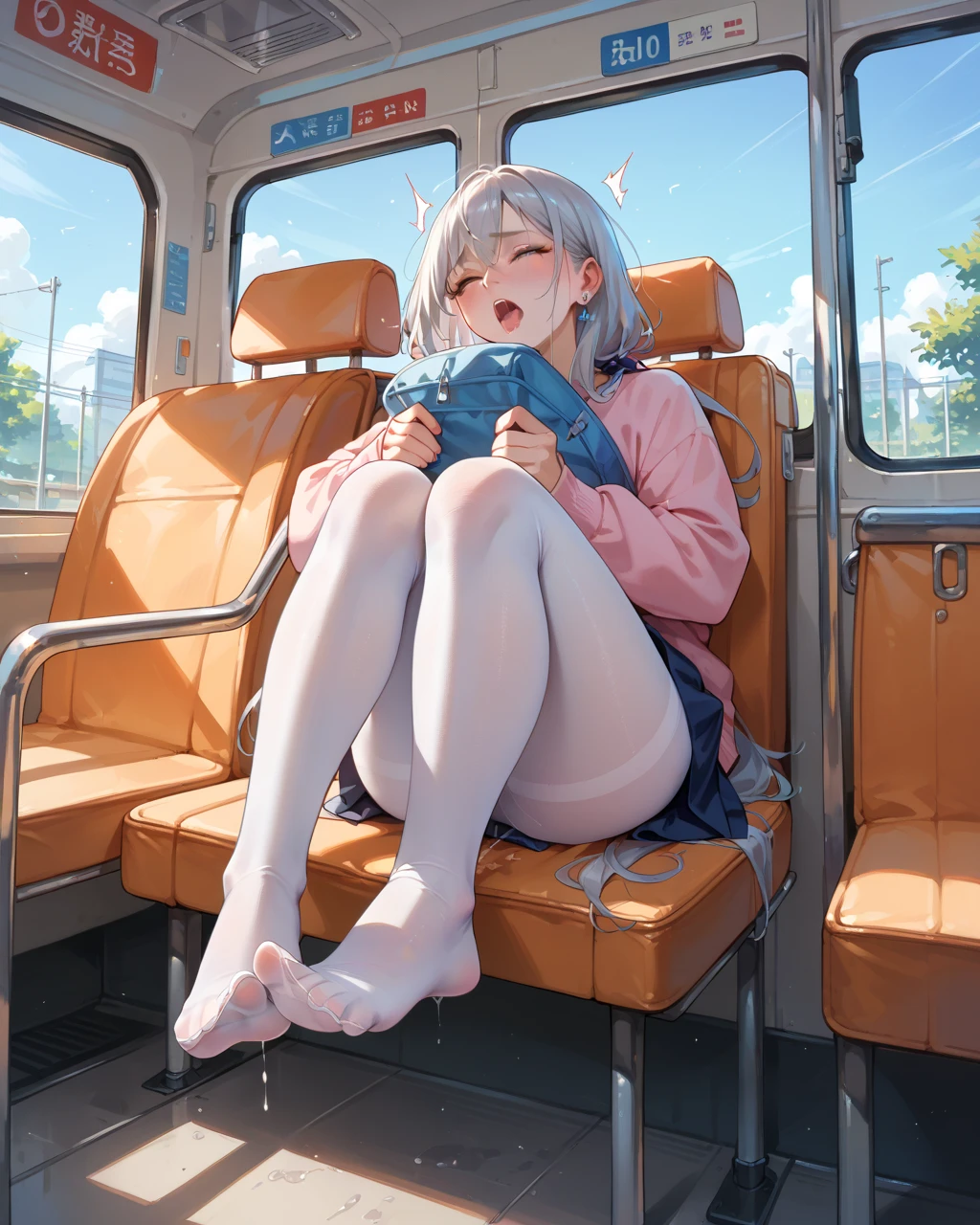 This illustration depicts a cute girl going on a holiday outing. She is in her twenties and has bright eyes. The location is inside the train. However, the most noteworthy thing is the "last mysterious high-energy body" she emits. This energy body released from her body has the power to annihilate the garbage in the sky. The blue-white light reaches every corner. He is sitting and dozing, and is wearing boyish clothes. It's summer and it's very hot.
