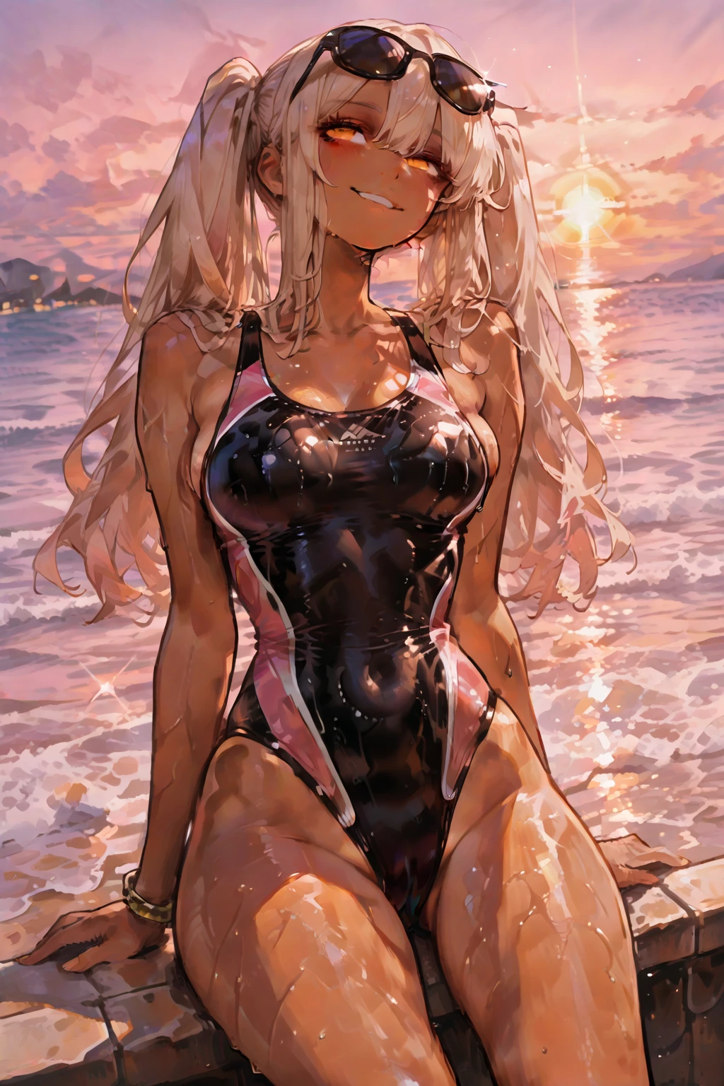 (from side:1.2), (extreme close-up of abdomen:1.5), wearing slingshot swimsuit, (looking away),
O-Ring, put your hand on your abdomen,
High resolution,Sharp focus,(Super detailed,Very detailed),(Very detailed CG unity 8k wallpaper),(((Vibrant colors))),{best illustration},
Iooikles,Platinum Blonde Hair,Twin tails, hair ornaments, (complete anatomy),
Complex eyes,Beautiful Eyes,Symmetrical eyes,Big eyes:1.5,Seductive eyes, (((dark skin,dark_skin,lustrous skin:1.5,bright skin: 1.5,
skin tanned, shiny skin,very shiny skin,Shiny body,plastic glitter,
skin,exaggerated shiny skin,illuminated skin))),Perfect Fingers,
(Detailed body),(Detailed face)), cute,Lewd,erotic,Bold,Camel Toe,
small breasts,Revealing clothing,show skin,
(((Sexy aqua fur coat, Aqua fur coat outfit,
(Flying debris, 超High resolution),Wear an iridescent aura,
Invisible Light, Amazing shine, Neon orange glow, The colors of another world,Bright colors, Ghostly Effects,
Cumulonimbus,Surrounded by water, reflection,Breathtakingly beautiful clouds,Light,Dazzling Light,Cinematic Light.The wind is blowing,Vast ocean,
White sand beach,Coconut Tree,Sparkling Splashes,Shallow seas,Rocky area,