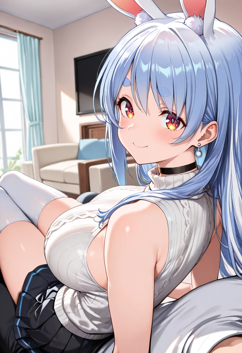 nsfw,((shifty, cat ear headphones blue shirt sailor collar white skirt wrist cuffs socks sneakers,)),((solo girl)),((Perfect body,))((Super beautiful,))((High quality,)), (sweaty,) (wet all over,) blush, steam,((big breast)),(shyly smile),((Lift up the hem of her skirt to show off her crotch,Pleated skirts that are too short and expose underwear,))pov, Looking at Viewer,cowboy shot,(lovehotel room),