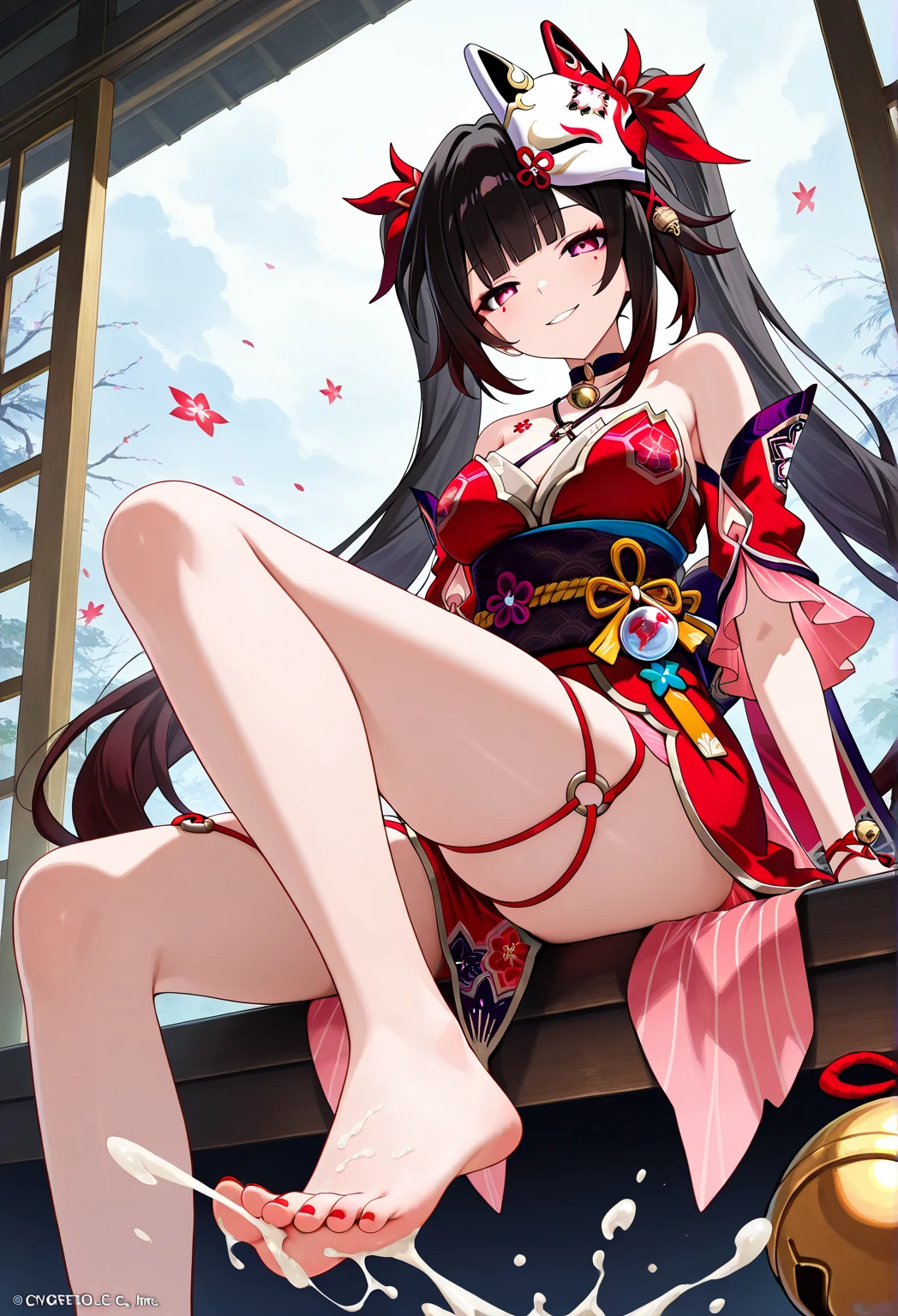 anime artwork, score_9, score_8_up, score_7_up, score_6_up, score_5_up, score_4_up,sparkle \(honkai: star rail\),1girl, twintails, black hair, medium breasts, red eyes, red eyeshadow, fox mask , , , , , she is 24 years old, , ,horny, , , , style_3, ,,, floox style, from below,
looking down, spread ass, surprised, spread legs, from behind, heavenly ass, looking behind. Sparkle wears a sleeveless and backless short red kimono with crossing black spaghetti straps. Cherry blossom flowers and a grey trim decorate the kimono along with a black obi belt overlaid with a small golden rope, which is tied into a bow. Attached to it is a white spherical ornament with a koi fish inside, with there being a golden tassel attached under it. On the back of her kimono is a large golden rope bow from the back, under which is a black large tied bow. She also wears detached short red sleeves with hanging fabric that reaches her knees, along with a cherry blossom flower ornament and a tassel hanging from it. Two light salmon colored fabrics hang from the back of her kimono, reaching her calves, resembling caudal tails. She has a black glove on her left hand, while her right hand is adorned with red ropes with a small bell attached to it.