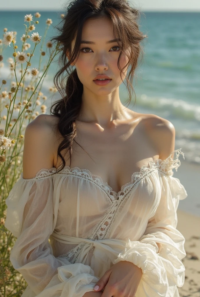 A young girl,(4K transparent high-quality photos,a warm color palette,Soft natural light,professional photoshooting)(Masterpiece,High-quality portrait close-up)(Cute lace suspender swimsuit(1.2),pony tails,perfect body figure,Bigchest(1.2),broad shoulder(1.2),Sexy cute girl body lying on beach(1.5),Small lips(1.2),Wear a garland on your head,delicate finger,Be red in the face,The body is wet(1.2),There is sand on the chest(1.2))(blue clear skies,On the beach by the sea)