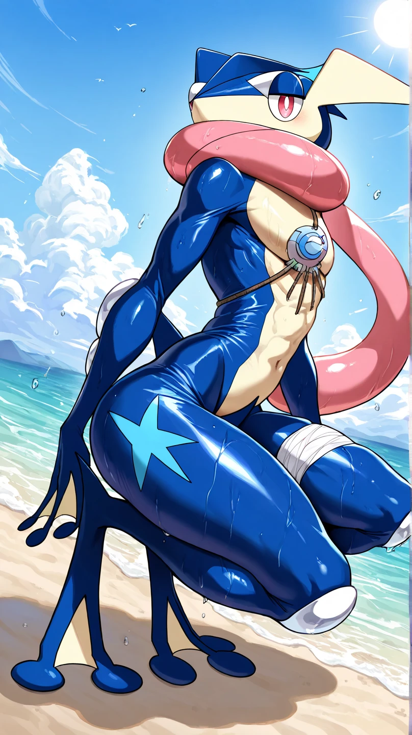 "Dynamic pose of a person with oil-slicked skin, sporting a string swimsuit, and boasting flowing hair. Thigh-high stockings, an Ahegao expression, and blushing and cat ears."