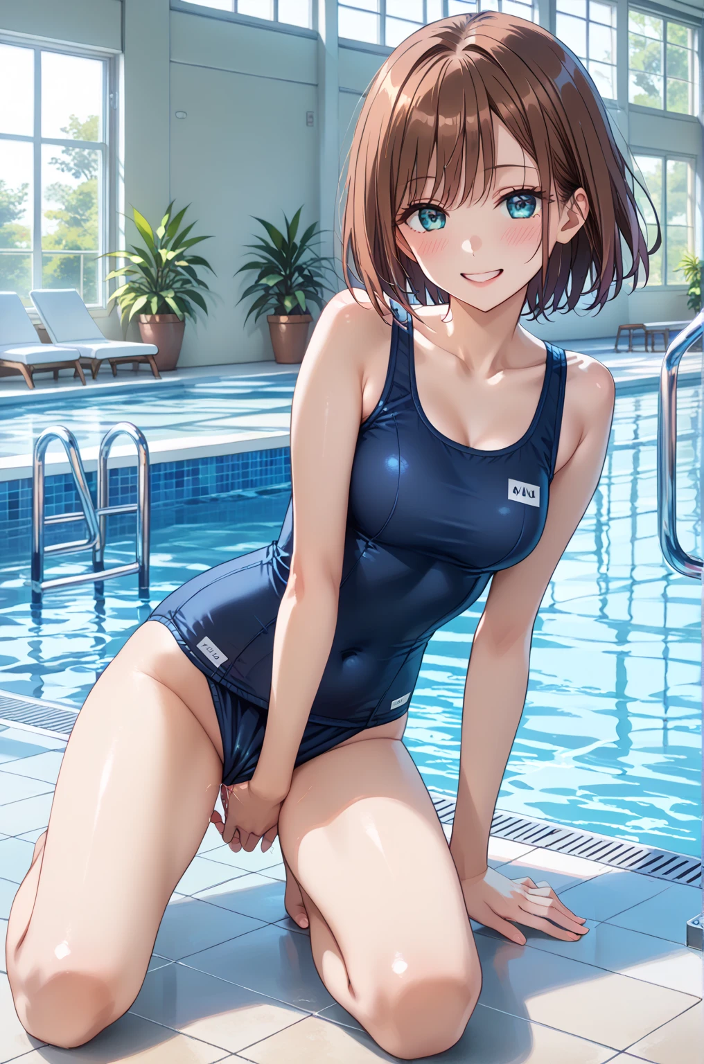 A cute girl wears a school swimsuit and shows off her nipples.