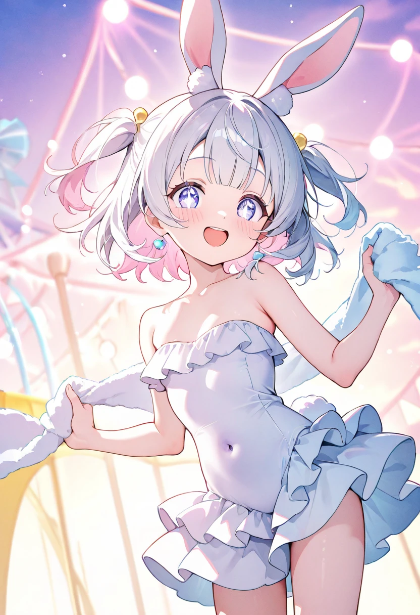 ((absurdres)), hd, uhd, (((HDR))), ((best quality)), (ultra high quality), (hi-res), ((1girl)), melt, purple hair, blue eyes, ((happy expression)), (smiling), cute, looking at camera, swimsuit, frilled swimsuit, ((dancing)), (dynamic), beach, outside, ocean, sand, waves, daytime, additional lighting, sunlight on face, noon, bright sun, birds,