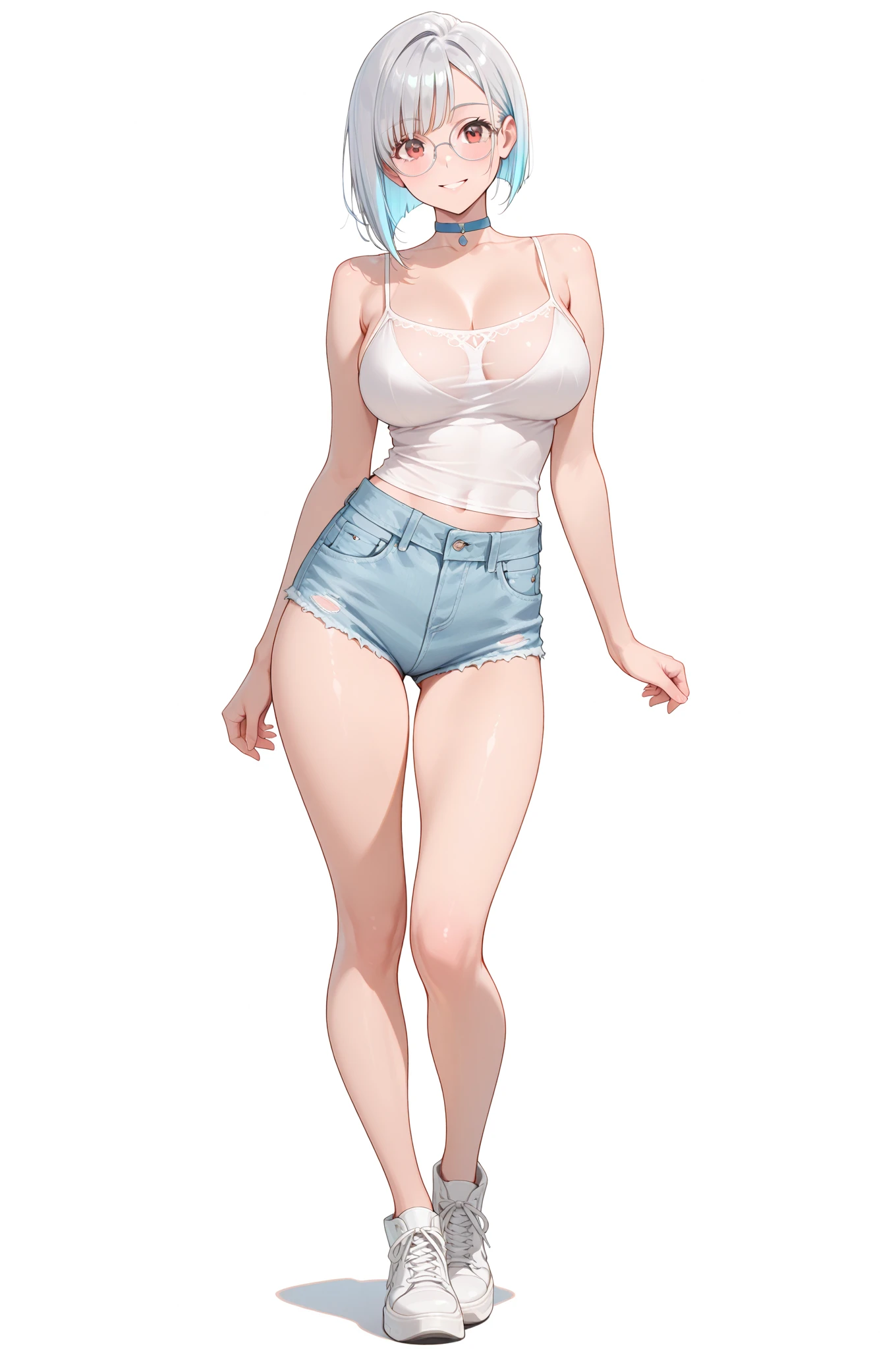 Masterpiece, a young beautiful girl, smiling, ultra detailed eyes, detailed iris, sparkle eyes, (multicolored eyes), (heterochromia), (messy hair:1.3), (white blue hair:1.3), (long ponytail), (hair over one eye:1.3), (wavy hair:1.1), looking at the camera, standing in front of a clump of roses, wearing shorts and t-shirt, (white t shirt:1.3), (see through:1.3), (transparent clothes:1.3), (bra under shirt:1.3), bra peek, white sneakers. Wearing a top and shorts, flowers, tying hair, adjusting hair, casual pose, slender legs