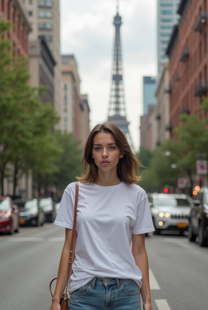 Beautiful woman, Scrawny, healthy, happy expression, satisfied with the body, dressed in jeans and a cold coat and wearing a turtleneck underneath, fashionable clothes of the year 2024, near the Eiffel Tower in Paris, posing to photo, Photo for posting on Instagram, face detailed, gorgeous eyes, beautiful lips, detailed hair, athletic body, natural lighting, dynamic pose, clean background, swirly vibrant colors, cinematic lighting, high qualiy, photorrealistic, chic, dynamic, mighty