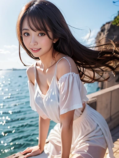 The composition depicts a girl ascending the stairs of a passenger airplane.、The girl is a slender Japanese beauty in her late teens.。Fine-grained skin、The color is white。 The face has large eyes、Cute idol face。 Her hair is long and straight, reaching down to her chest.、Hair fluttering in the wind。Her expression is with her mouth slightly closed、With a smile、Her gaze is turned back towards the viewer.。 She is wearing an ivory sleeveless, long dress.。She has a large white hat with blue accents.。
