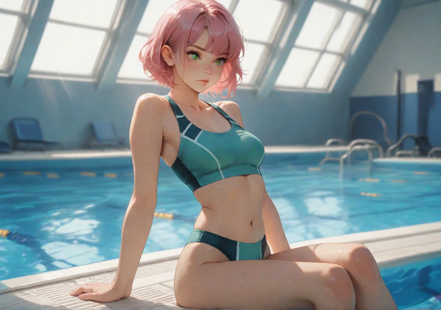 Swimming Lessons,PH Momo, momohd, phmomo, Solo, 1girl in, Pink hair, Purple eyes, Short hair, Hair Flower, Wear a student swimsuit, Big eyes, embarrassed,