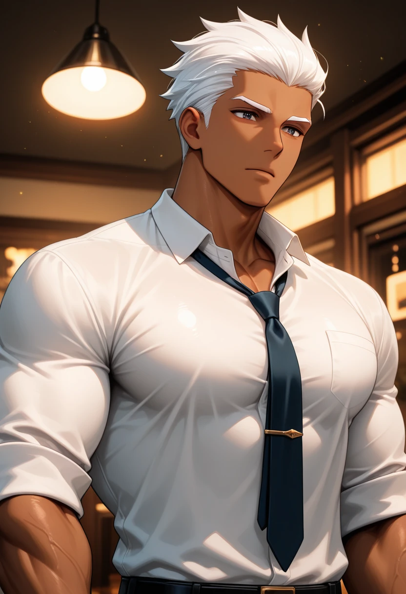 A young, tall and imposing male with short, slicked back white hair, a perfectly groomed beard, and piercing red eyes. He exudes confidence and carries himself with a sly and mysterious aura. Wearing panties and matching bra.