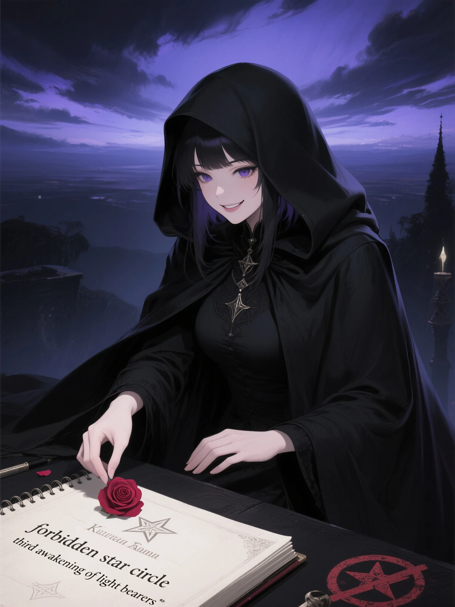 A black style gothic girl with black hair, dressed in dark purple clothing, sitting next to a lit candle, in a whimsical and surreal artistic style with watercolor and painting techniques, with dark fantasy elements, dramatic lighting and ethereal atmosphere,showing a 120ml Shortfill bottle. realistic image.