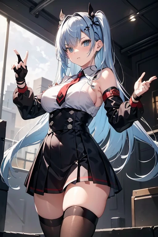 realistic image, coherent image, detailed image, 1 beautiful girl. She has short, white hair. Her eyes are blue, long eyelashes. Her face is oval and delicate, smiling. She is wearing a long-sleeved, shoulder-baring, off-shoulder top, pleated mini skirt, and mid-thigh stockings. She has a curvy body, medium breasts, thick thighs. sexy pose. Background of destroyed buildings, surrounded by nature, natural lighting, volumetric lighting,