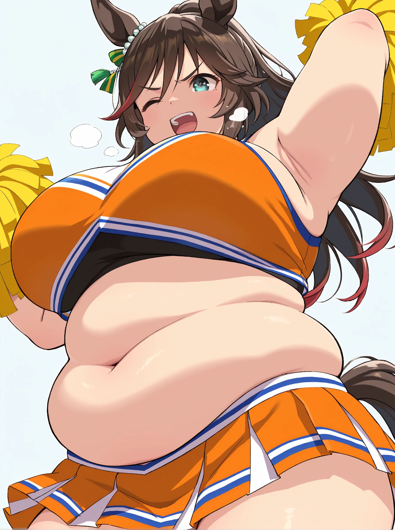art by squarewave, fat, 1girl, pom pom (cheerleading), breasts, thighs, plump, solo, thick thighs, thick arms, cheerleader, belly, open mouth, navel, skirt, twintails, looking at viewer, smile, arm up