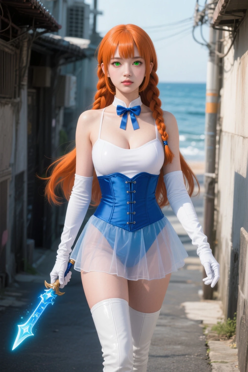 a one woman, long straight red hair, of the whole glass, perfectbody, muslos grandes, blue colored eyes, (Miss Fortune Pool Party), swimsuits, freckles on the face, face detailed, skirt short, standing, in a park, ray tracing, high resolution, super detaill, 8k, Overview