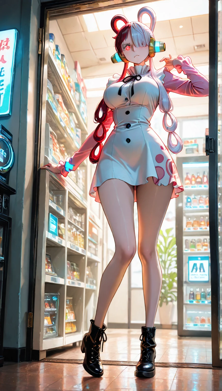 Happy , with wolf ears and pink hair, holding her cheeks, wolf tail, wearing a latex dress, looking at veiwer, full body, you can see her chest, naked breasts