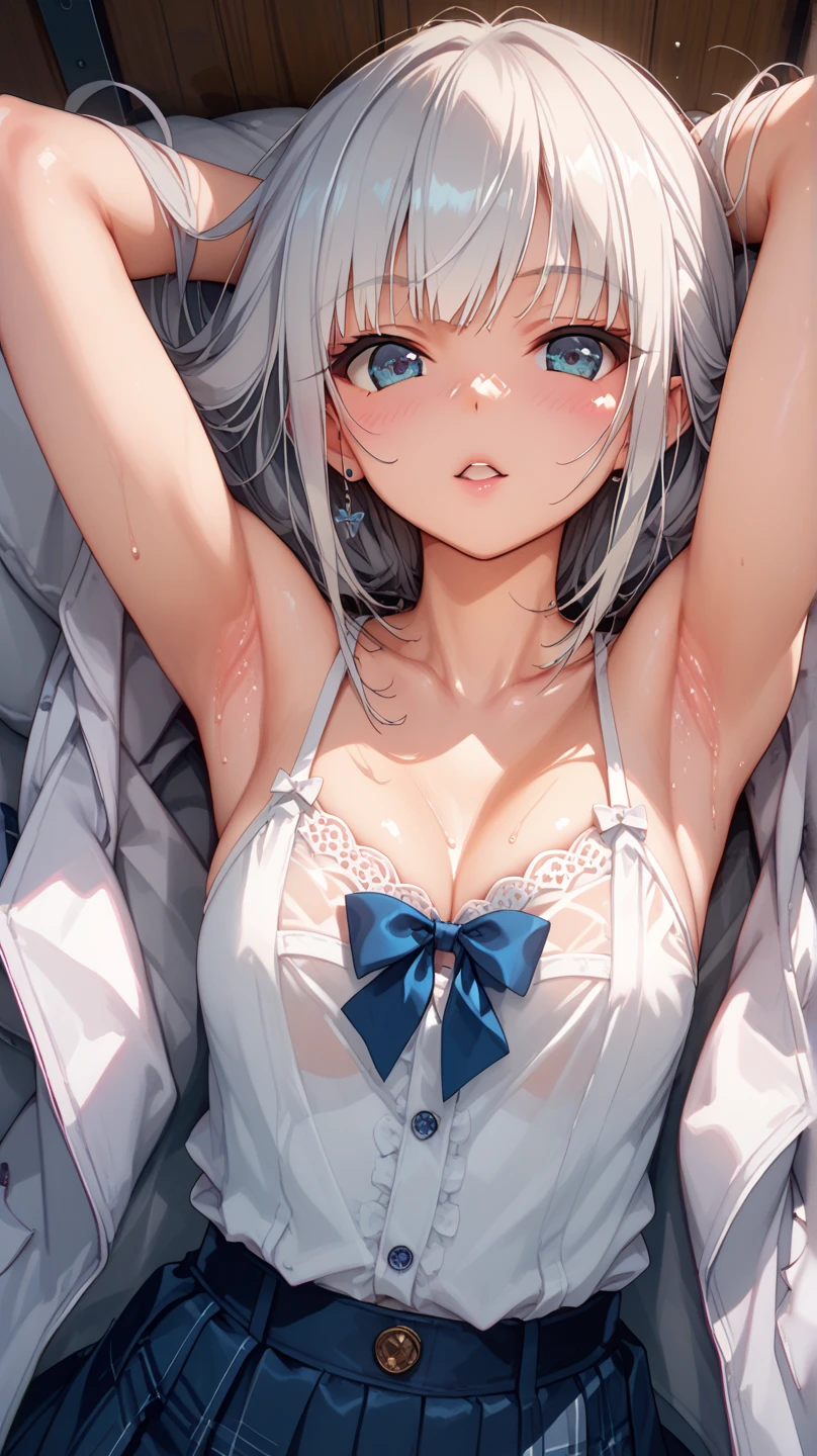 masterpiece,best quality,very aesthetic,absurdres,depth of field,chromatic_aberration,1girl,solo,smile,playboy bunny,bunnygirl,bunnygirl suits,bowtie,rabbit ears,fake ears,wrist cuffs,lying on her back on a blanket of flowers,arms_behind_back,
