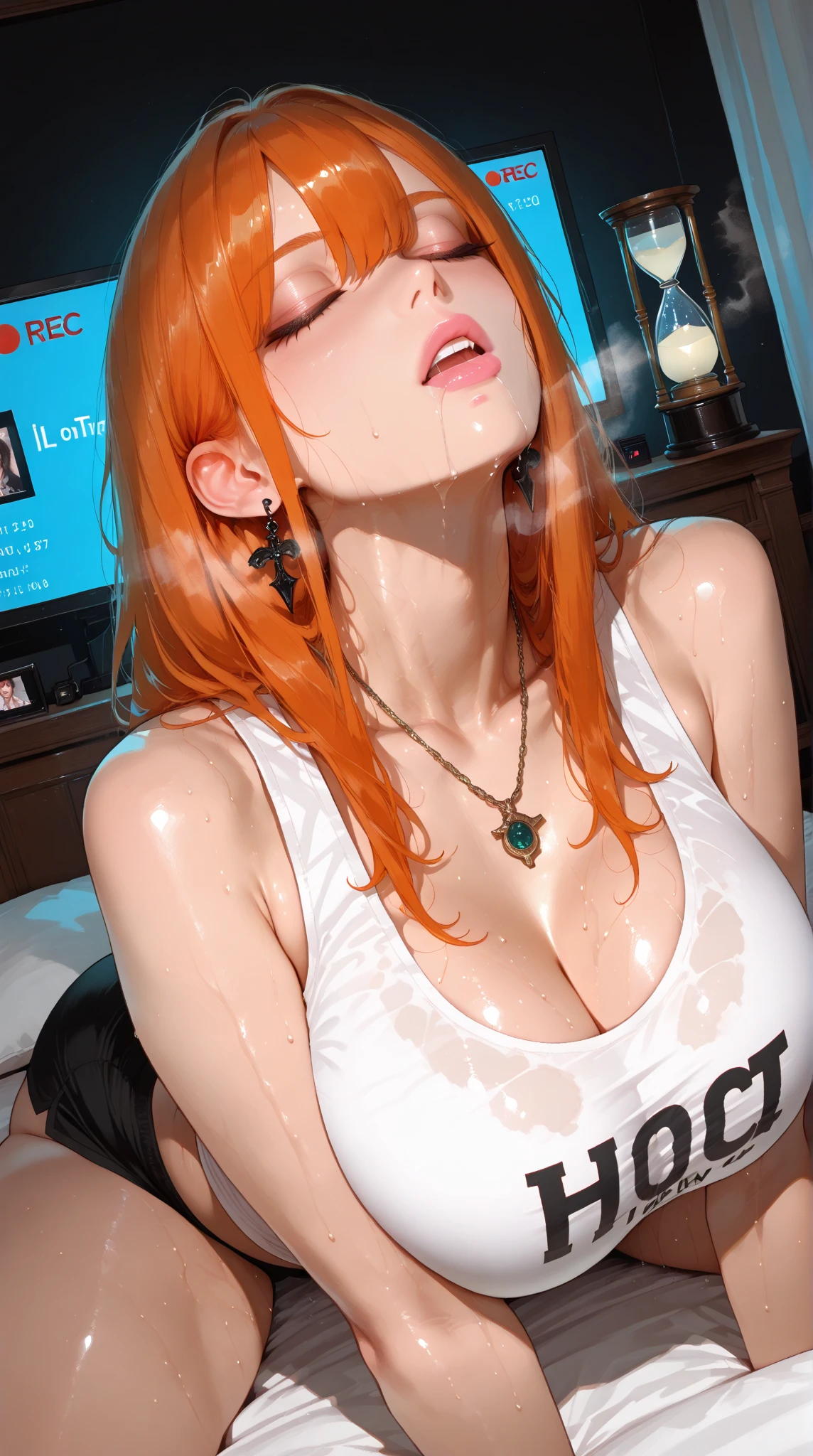 ((highest quality)), ((masterpiece)), (detailed), Perfect Face(((Vulgarity)))、((Ultimately realistic))、8K、B82 W58 H85、Her Room、(tight)Bunny Girl Suit、Cleavage、Japanese、16 years old、Bright orange hair、Short skirt、Give yourself a massage、night、Sexy Face、healthy、Beauty、Straddle、Wet crotch
