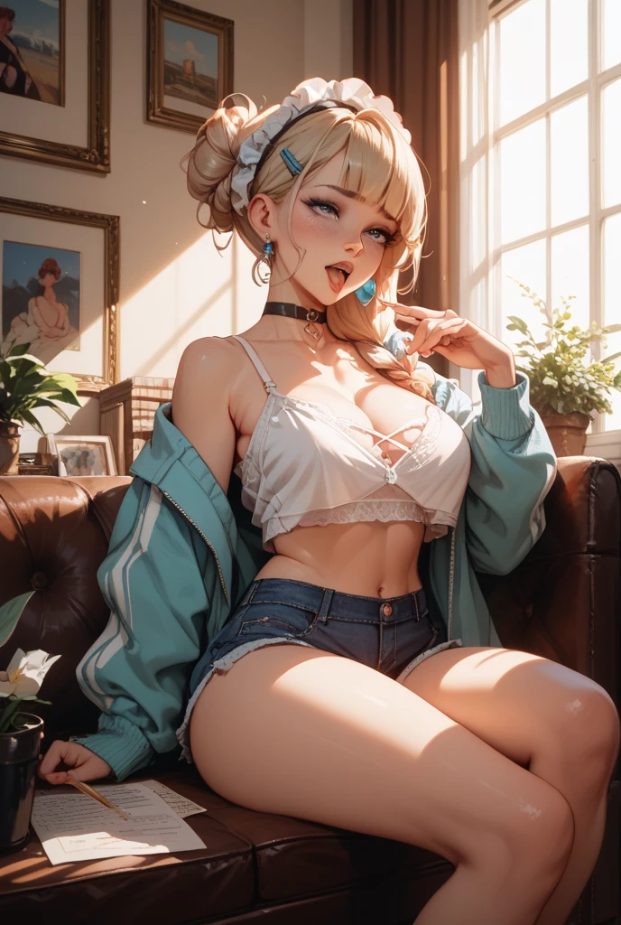 a beautiful young woman with long blonde hair wearing a black and white lace lingerie set, detailed facial features, delicate skin, elegant pose, high quality, detailed, photorealistic, cinematic lighting, dramatic color palette, chiaroscuro effect, intricate lace patterns, sensual and alluring