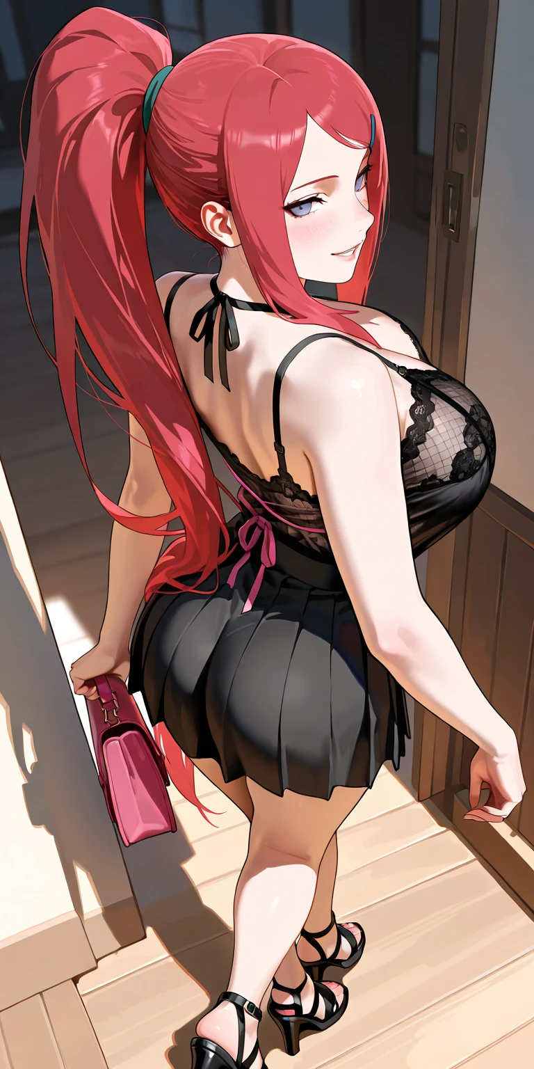 goddess(red long hair, black satin lingerie, tights, bondage, open mouth, empty eyes, orgasm), cowgirl style, back view, vaginal insertion,