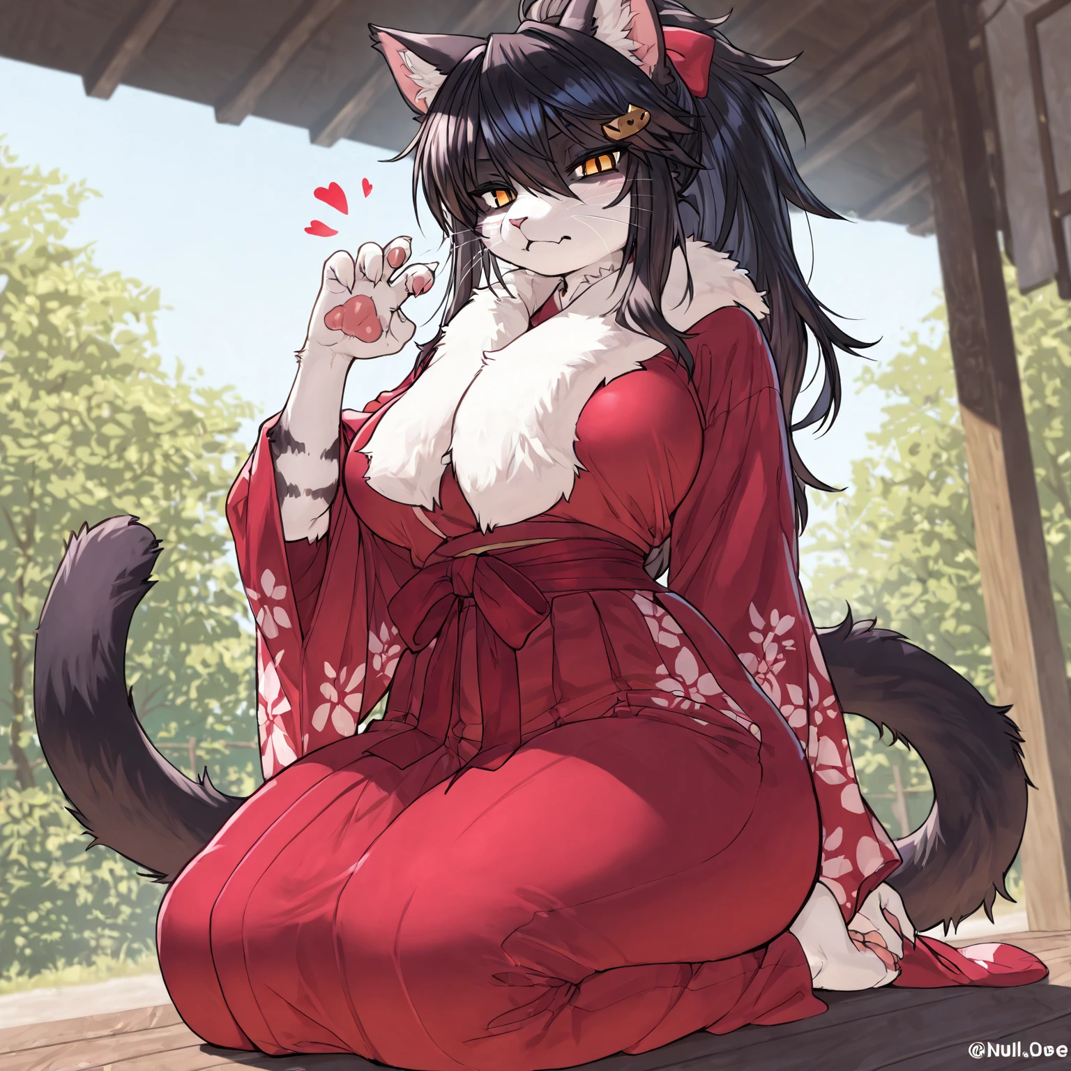masterpiece, high resolution, high quality, bedroom, night, red kimono, big breasts, cat ears, floral pattern, red eyes, NSFW, black hair, ponytail