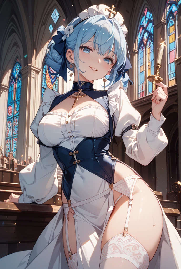 Anime Moe Art Style,Highest quality,High resolution,Anatomically correct,One Girl,Mid-teens,A girl with light blue hair in a ponytail,Super detailed,Fantasy World,Sister,Monastic Clothes,Big Breasts,Shiny skin,Beautiful Skin,A rich expression,smile,church,Hold Mass,Eyes drawn in detail,Gold Rosary,8K