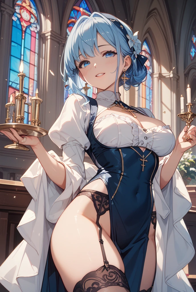 (super fine illustration,8K CG wallpaper,best quality,extremely detailed,ultra high res,best aesthetic),(cowboy shot),(milf,beautiful girl,cute girl),(beautiful blue eyes,beautiful silver hair,short hair),(blush),((saggy big breasts,big aleolae)),((all-fours)),(no bra,turned up clothes,breasts out)),(nun:1.2),(chapel:1.2)、eye glasses