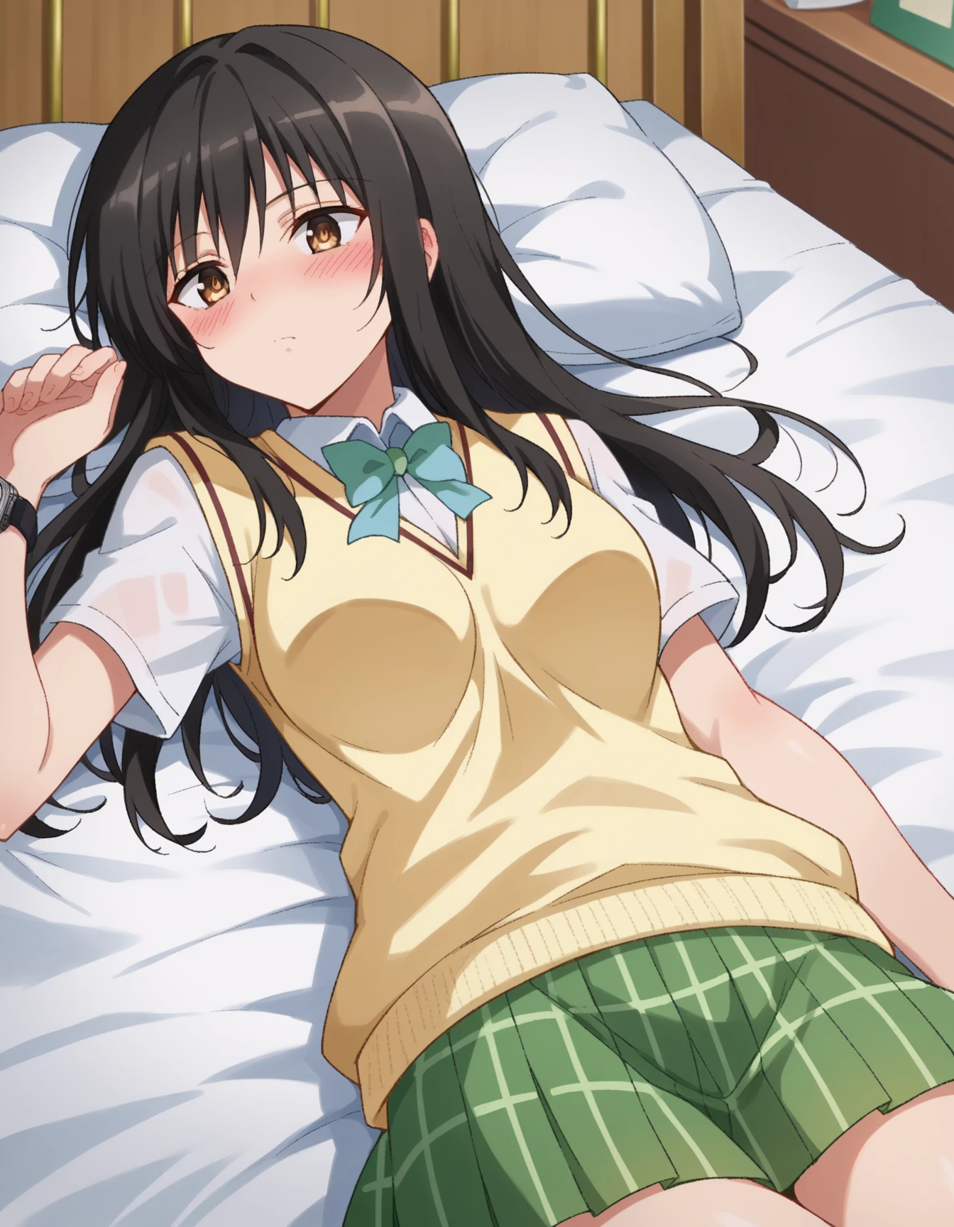 (8K、top-quality、​masterpiece:1.2)、(realisitic、ultra-detailliert、超A high resolution,lying bed,squtting,bend knees,spread legs,28years,beautifull detailed face,perfect body,((daytime)),perfect lighting,Constriction、(Slim waist :1.3)、Beautiful detailed skin、Skin Texture,((1girl long black hair) sleeping heavy on bed in school infirmary,lying face down:1.5,(school uniform,yellow sweater,whit shirt,green skirt,yabuki style),angle from above

