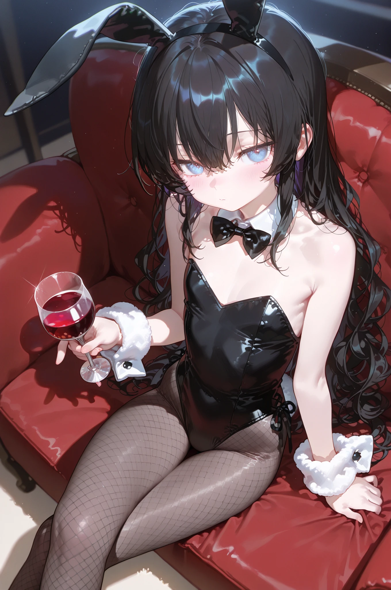 1girl, <lora:KirukiruAmou-000018:0.8> , KirukiruAmou, mad , rabbit ears, fake animal ears, headband,  strapless leotard, highleg leotard, pantyhose, playboy bunny, holding tray, wine, glass cup, sitting