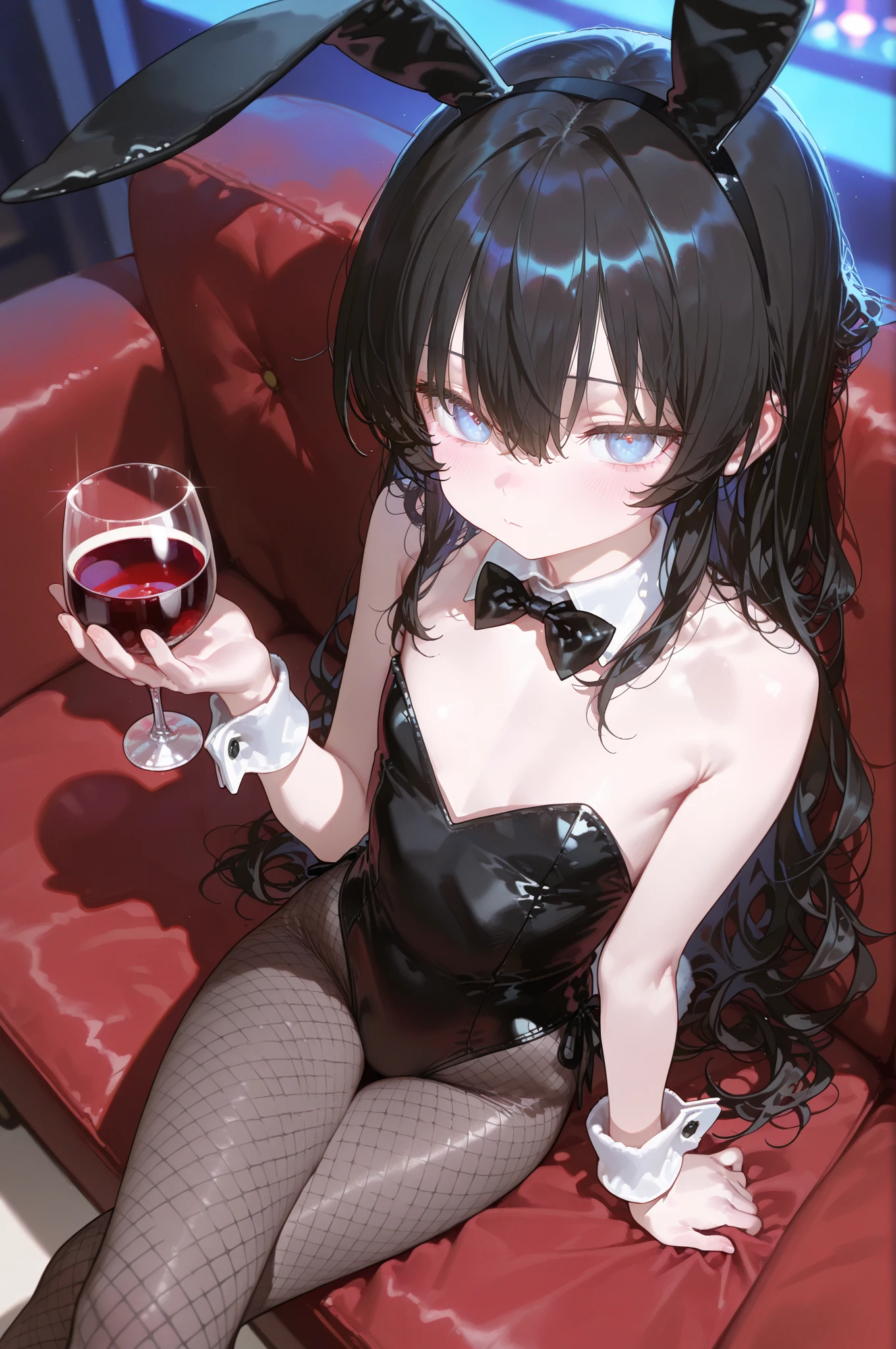 masterpiece, best quality, ultra detailed 8k, beautiful woman, (black long hair), 30 years old, black eyes, smile, small breasts, flat chest, wide hip, (holding a wine glass and a wine bottle), 
BREAK
(playboy bunny, black leotard, (black tights), bunny ears hairband, high heels), (at luxury lounge,  luxury furniture)