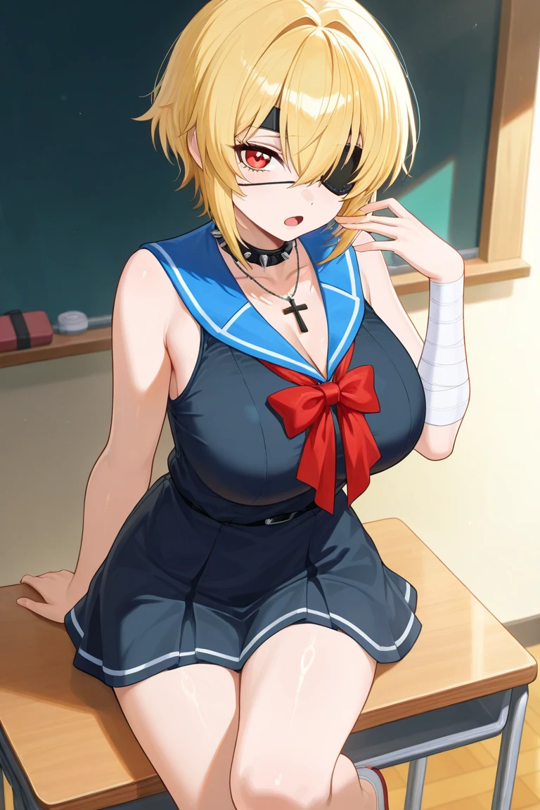 animesque、moe、1 schoolgirl、校服、a blond、Short Bob、huge tit、woman tied up with chains、Pink Room、Pink lighting