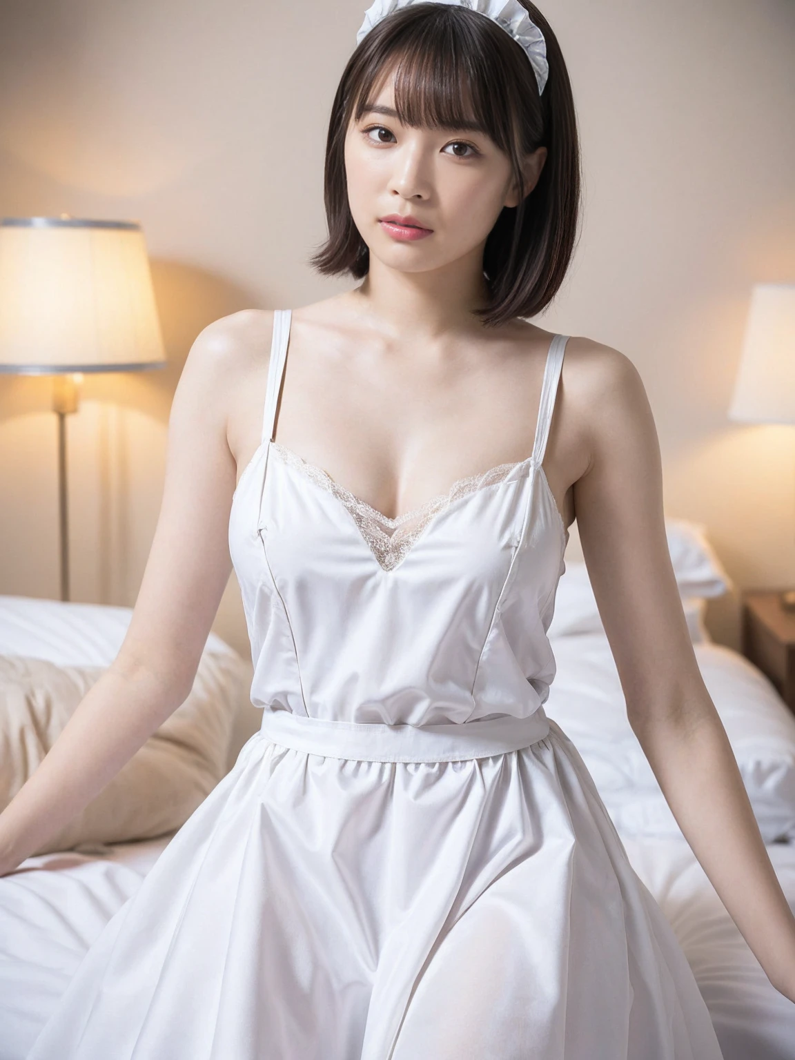 (Highest quality、Tabletop、8K、Best image quality、Award-winning works)、One beautiful bride、(alone:1.1)、(sexy wedding dress:1.2)、(Perfect Wedding Lace:1.2)、(The most gorgeous and luxurious giant tiara:1.1)、(The most extravagant and luxurious giant necklace:1.1)、(Very troubled face:1.2)、((View your viewers:1.5))、((Looking into the camera:1.5))、A wide selection of the finest jewellery、Perfect Makeup、Long eyelashes、Ultra HD Shining Eyes、Ultra HD Hair, 38 years old、((Skinny:1.7))、((flat chest:1.8))、((slender body:1.5))、((Medium sized breasts:1.5))、(exposed chest:1.2)、Ultra-high resolution glossy lips、Ultra High Resolution Perfect Teeth、Super high resolution beautiful face、(Accurate anatomy:1.1)、(Detailed skin:1.2)、((pores))、((Perfect beautiful bridal hairsty(midnight:1.5))、((night hotelroom:1.5))、((sitting on a bed:1.5))、(Front facing body:1.1)、(The most romantic atmosphere:1.1)、(Calm and warm lighting:1.1)、(Dynamic pose:1.5)、A very small mole on the left cheek、